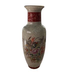 Satsuma Japanese Floral  Vase Porcelain Gold Trim Crackle Glaze VTG 11"